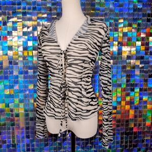 Zebra Print Mesh Tie Front Top Womens Medium Black White Excellent Y2K Rave